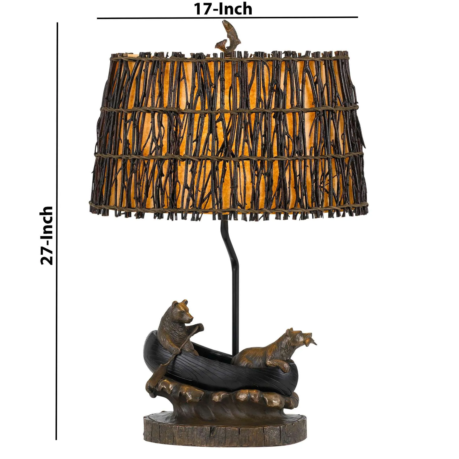 150W 3 Way Bear Canoe Table Lamp With Oval Wicker Shade, Antique Bronze By Benzara