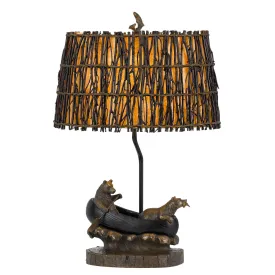 150W 3 Way Bear Canoe Table Lamp With Oval Wicker Shade, Antique Bronze By Benzara