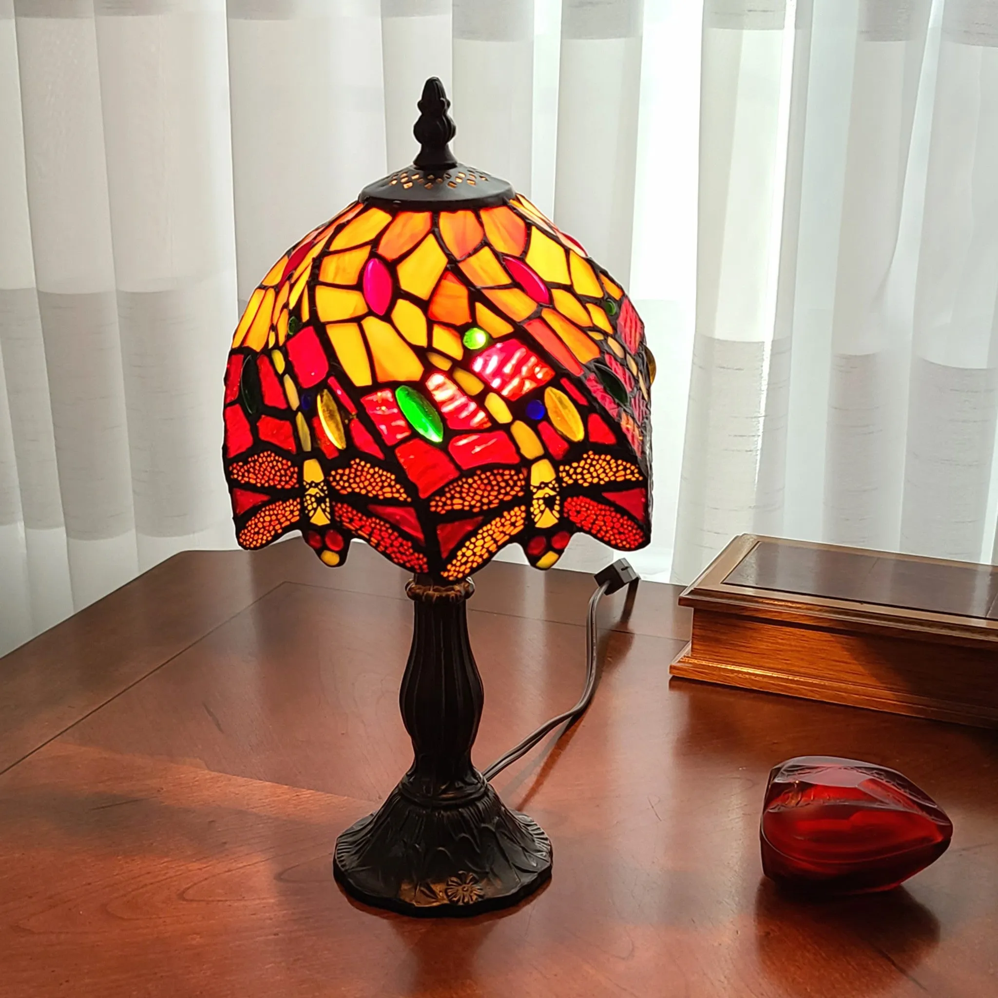 15" Tiffany Style Stained Glass Dragonflies Table Lamp By Homeroots