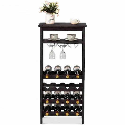 16 Bottles Bamboo Storage Wine Rack with Glass Hanger-Brown