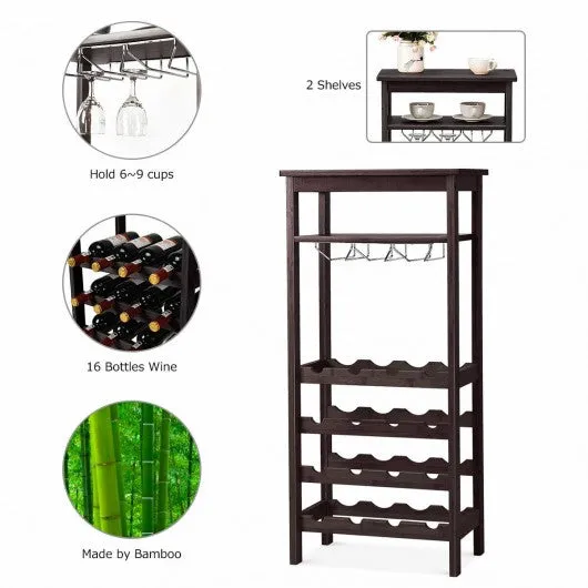 16 Bottles Bamboo Storage Wine Rack with Glass Hanger-Brown