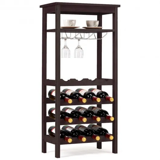 16 Bottles Bamboo Storage Wine Rack with Glass Hanger-Brown