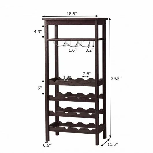 16 Bottles Bamboo Storage Wine Rack with Glass Hanger-Brown