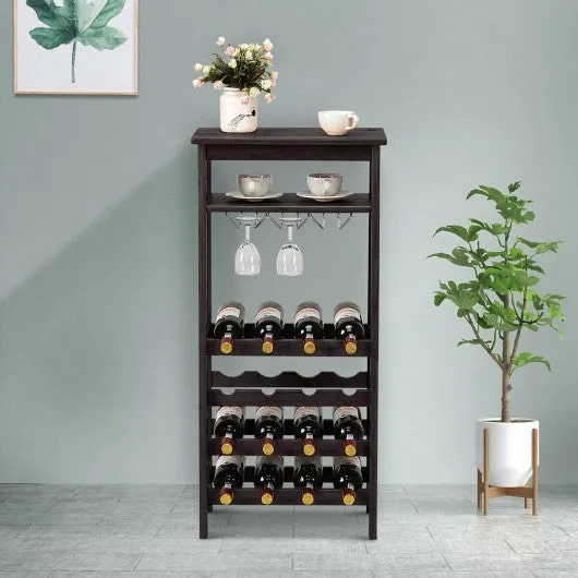 16 Bottles Bamboo Storage Wine Rack with Glass Hanger-Brown