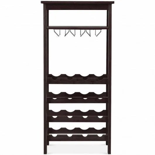 16 Bottles Bamboo Storage Wine Rack with Glass Hanger-Brown