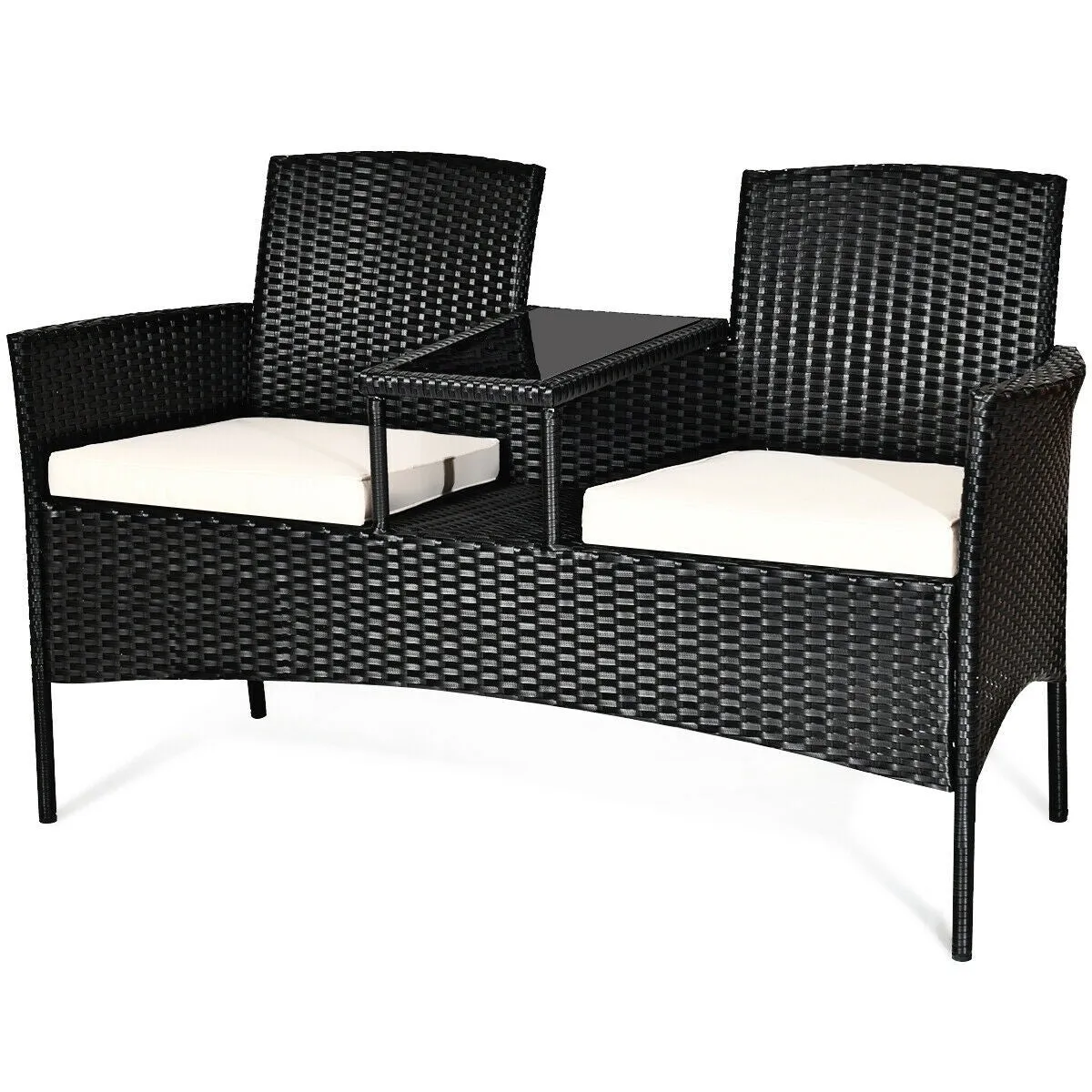 2-Person Wicker Rattan Patio Conversation Furniture Set - White