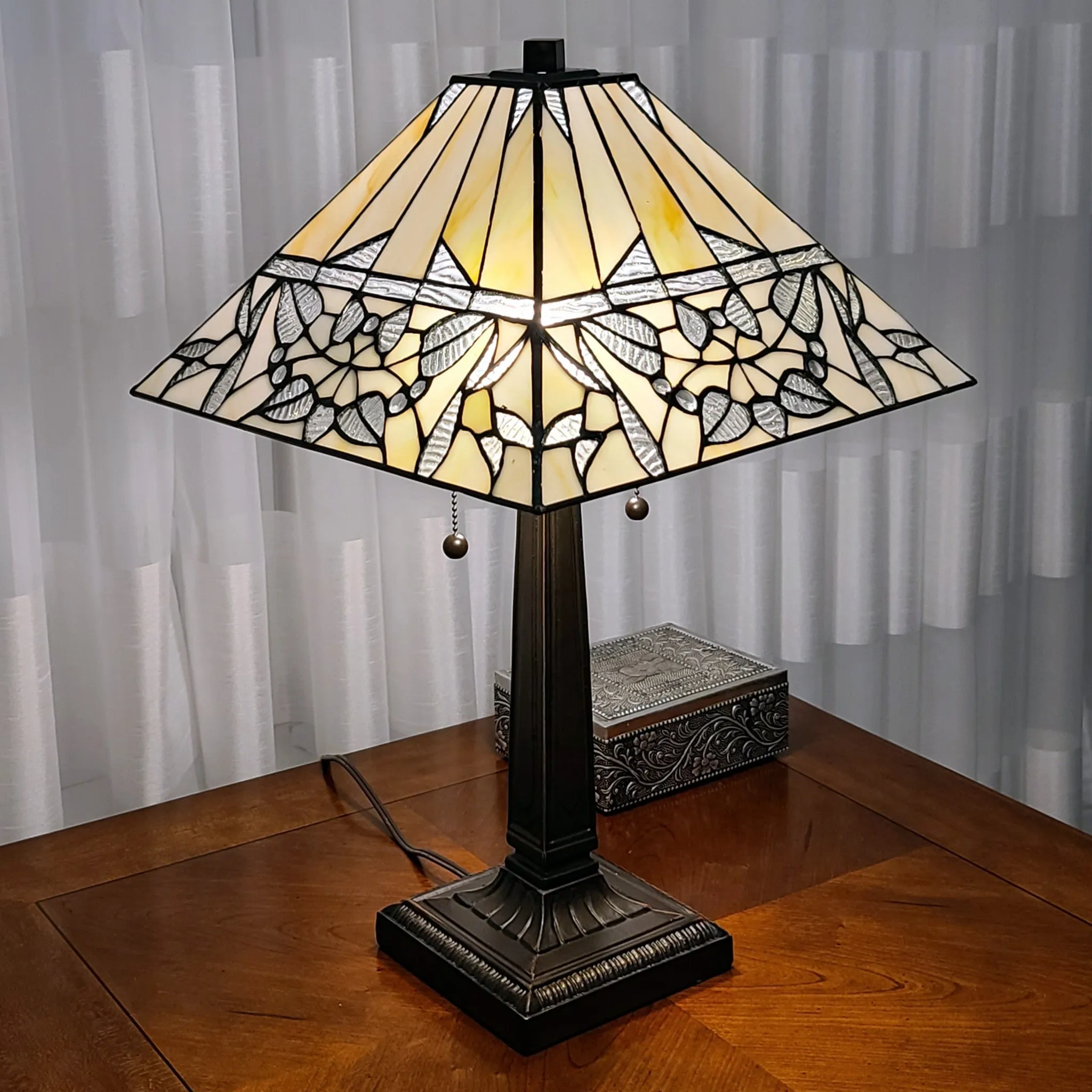 23" Amber and Clear Leaves Stained Glass Two Light Mission Style Table Lamp By Homeroots