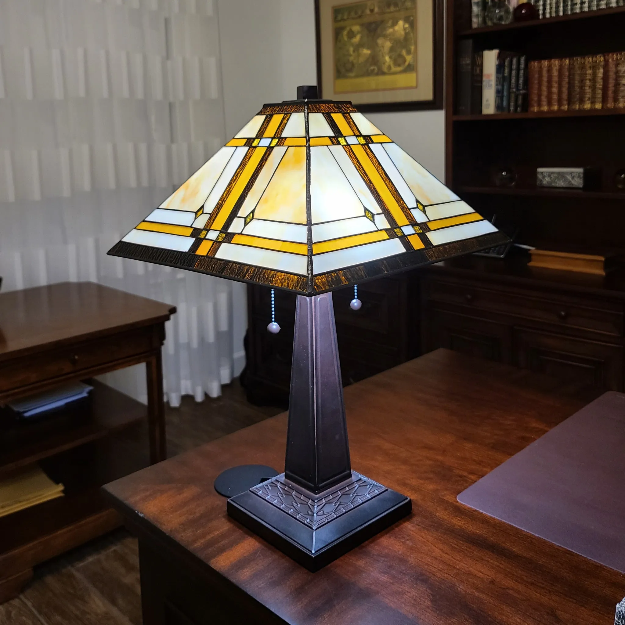 23" White Amber and Brown Stained Glass Two Light Mission Style Table Lamp By Homeroots