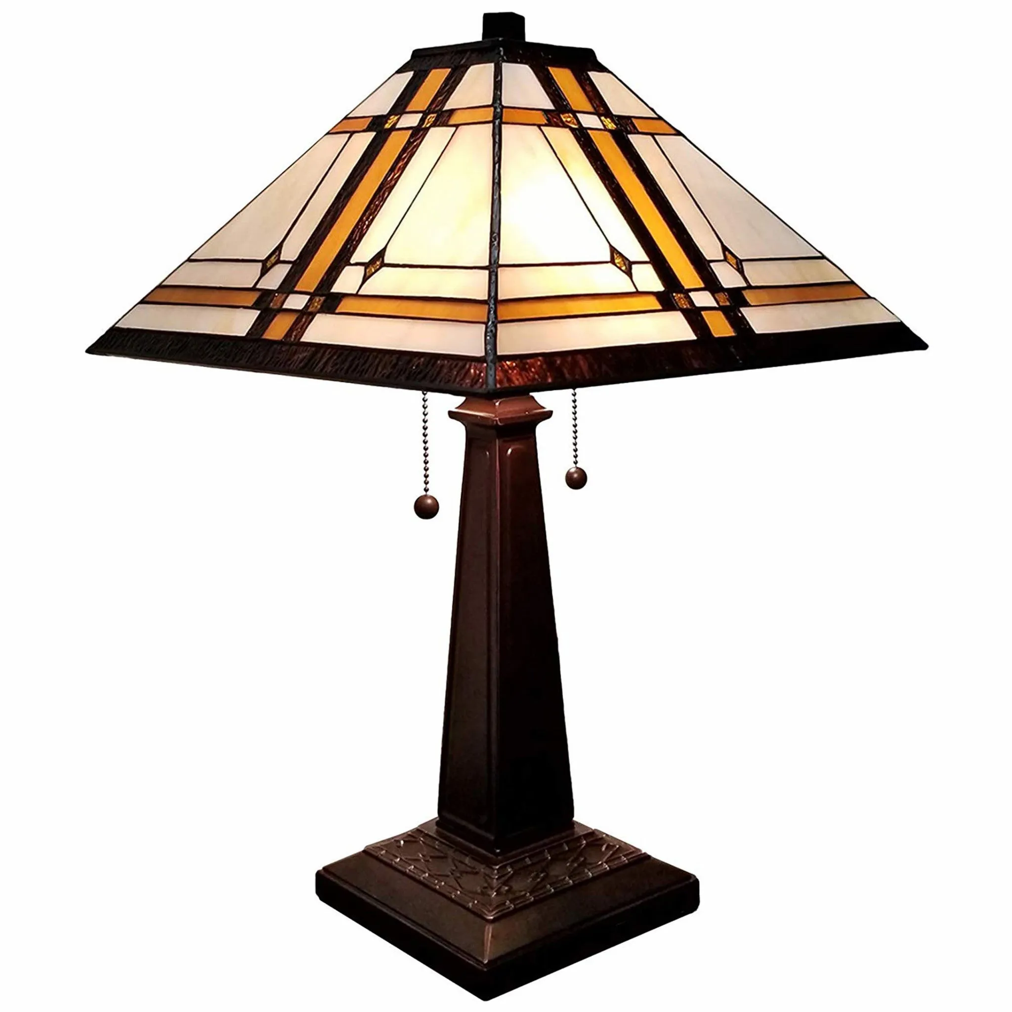 23" White Amber and Brown Stained Glass Two Light Mission Style Table Lamp By Homeroots