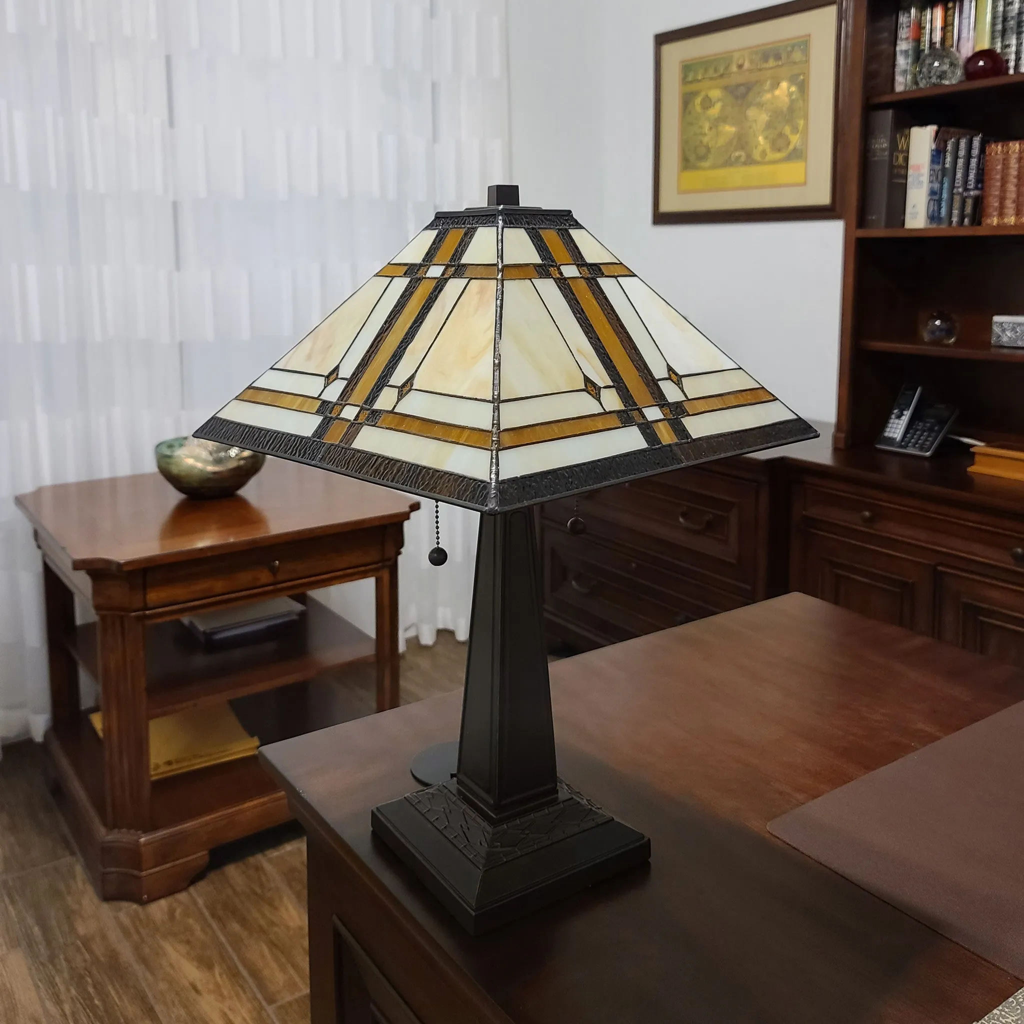 23" White Amber and Brown Stained Glass Two Light Mission Style Table Lamp By Homeroots