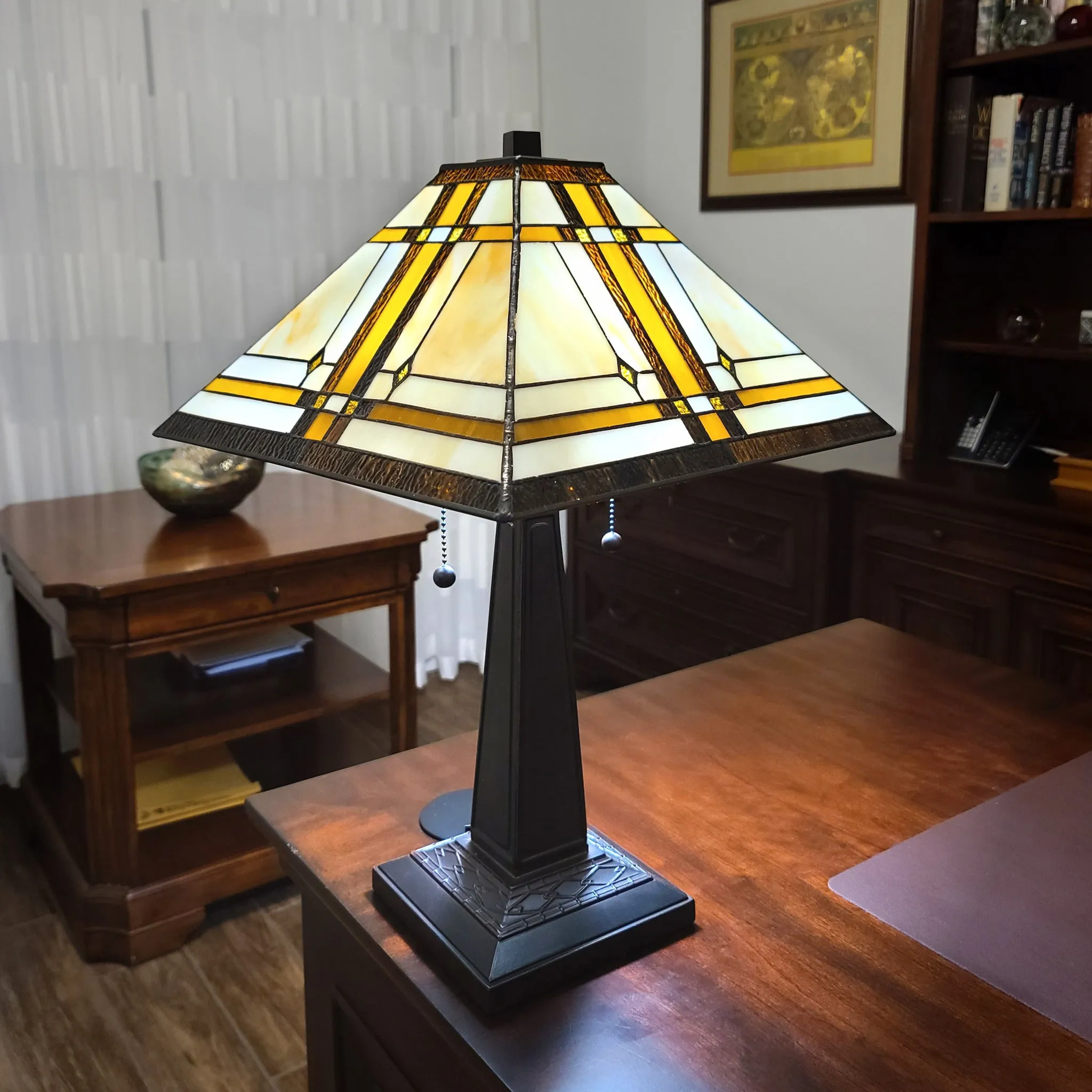 23" White Amber and Brown Stained Glass Two Light Mission Style Table Lamp By Homeroots