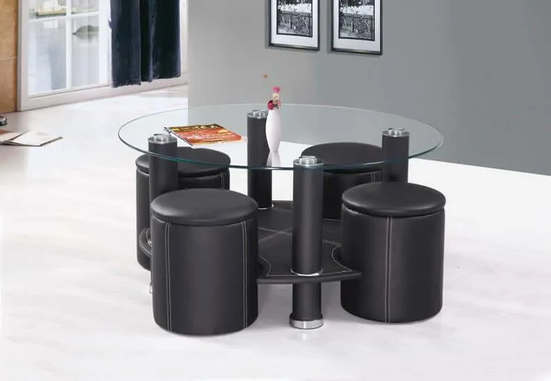 5 Piece Black Leatherette Tempered Glass Coffee Table Set With Contrast Stitching Details