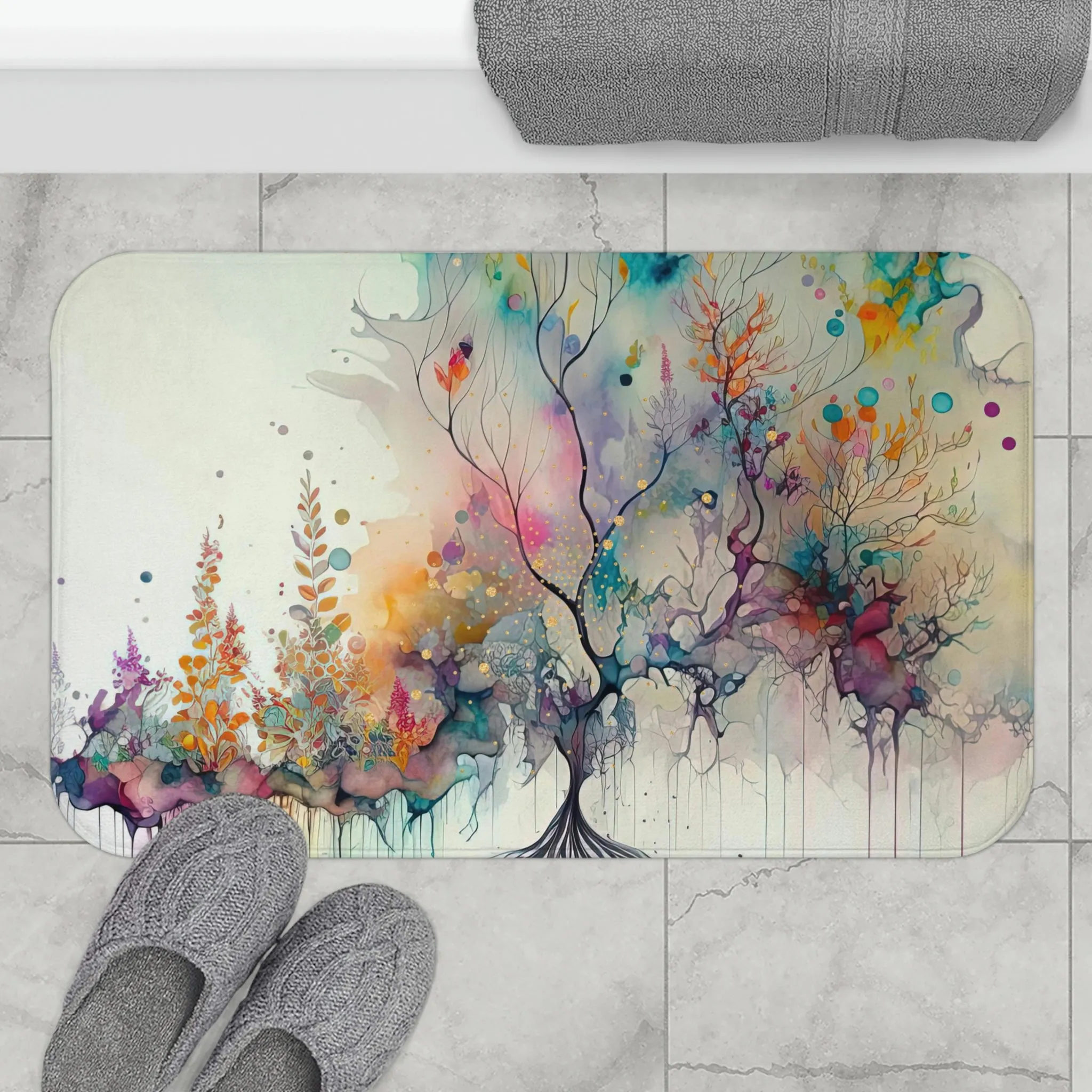 Abstract Bath Kitchen Mat | Whimsical Colorful Fantasy Tree