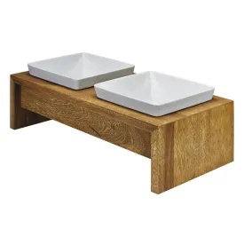 Artisan Double Wood Dog Bowl Feeder Bamboo