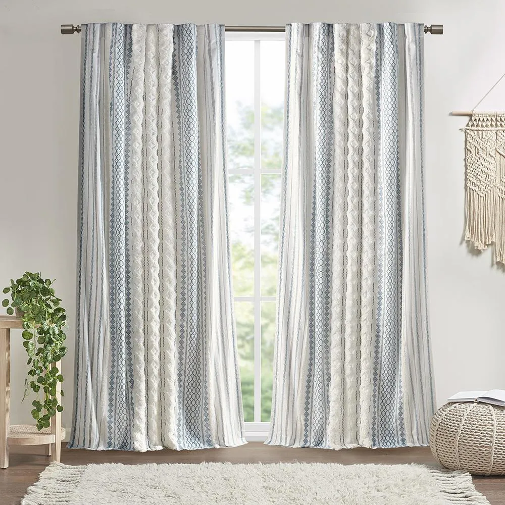 Beige Imani Cotton Printed Curtain Panel with Chenille Stripe and Lining