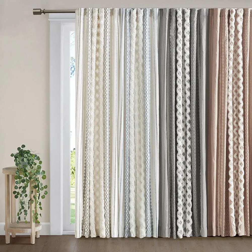 Beige Imani Cotton Printed Curtain Panel with Chenille Stripe and Lining