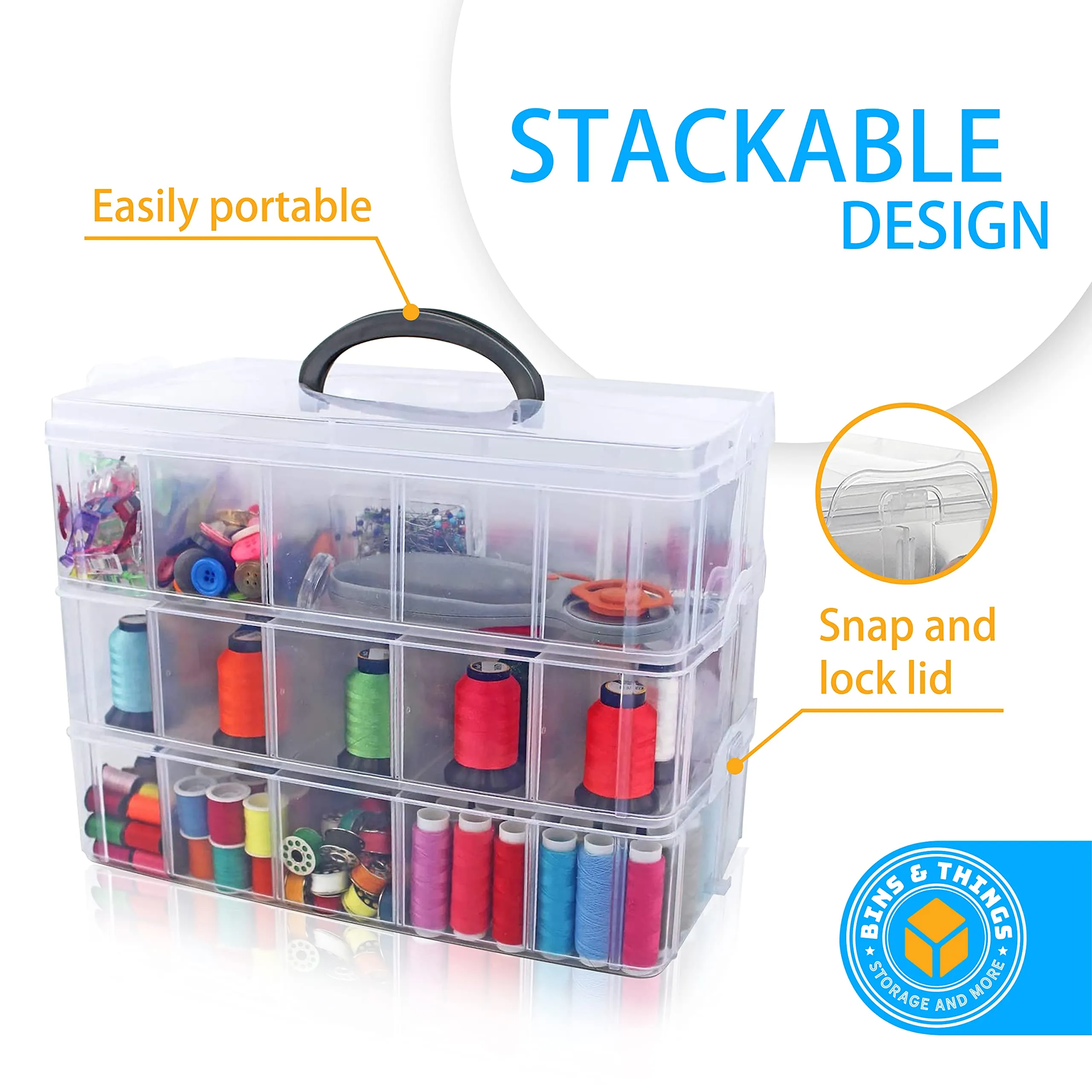 Bins & Things Stackable Storage Container With 30 Adjustable Compartments, Clear, XLarge