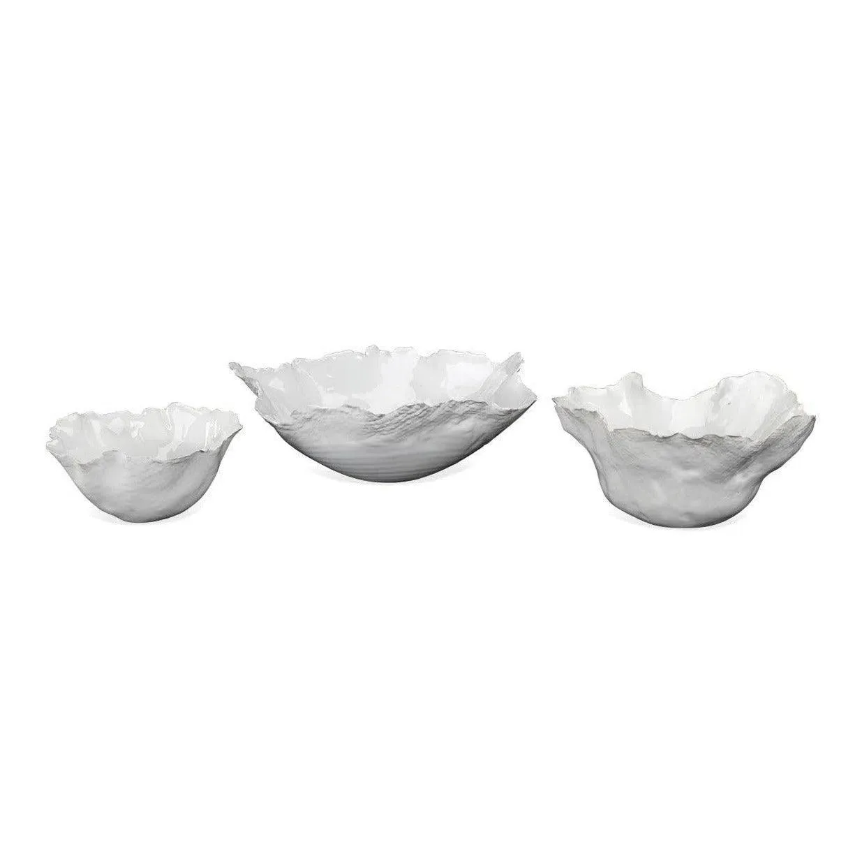 Coastal Style White Ceramic Fleur Ceramic Bowls (set of 3)