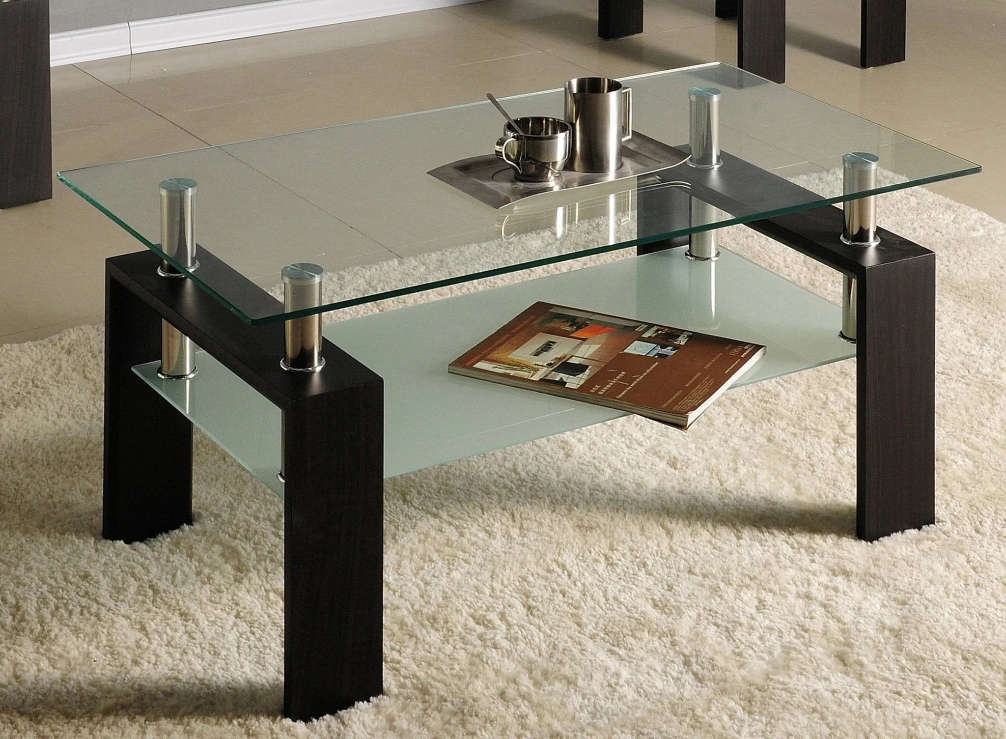 Coffee Table Set with Frosted Glass and Espresso Legs