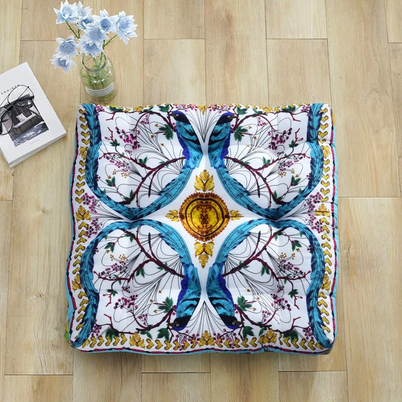 Digital Printed Square Floor Cushions- Blue Sparrow