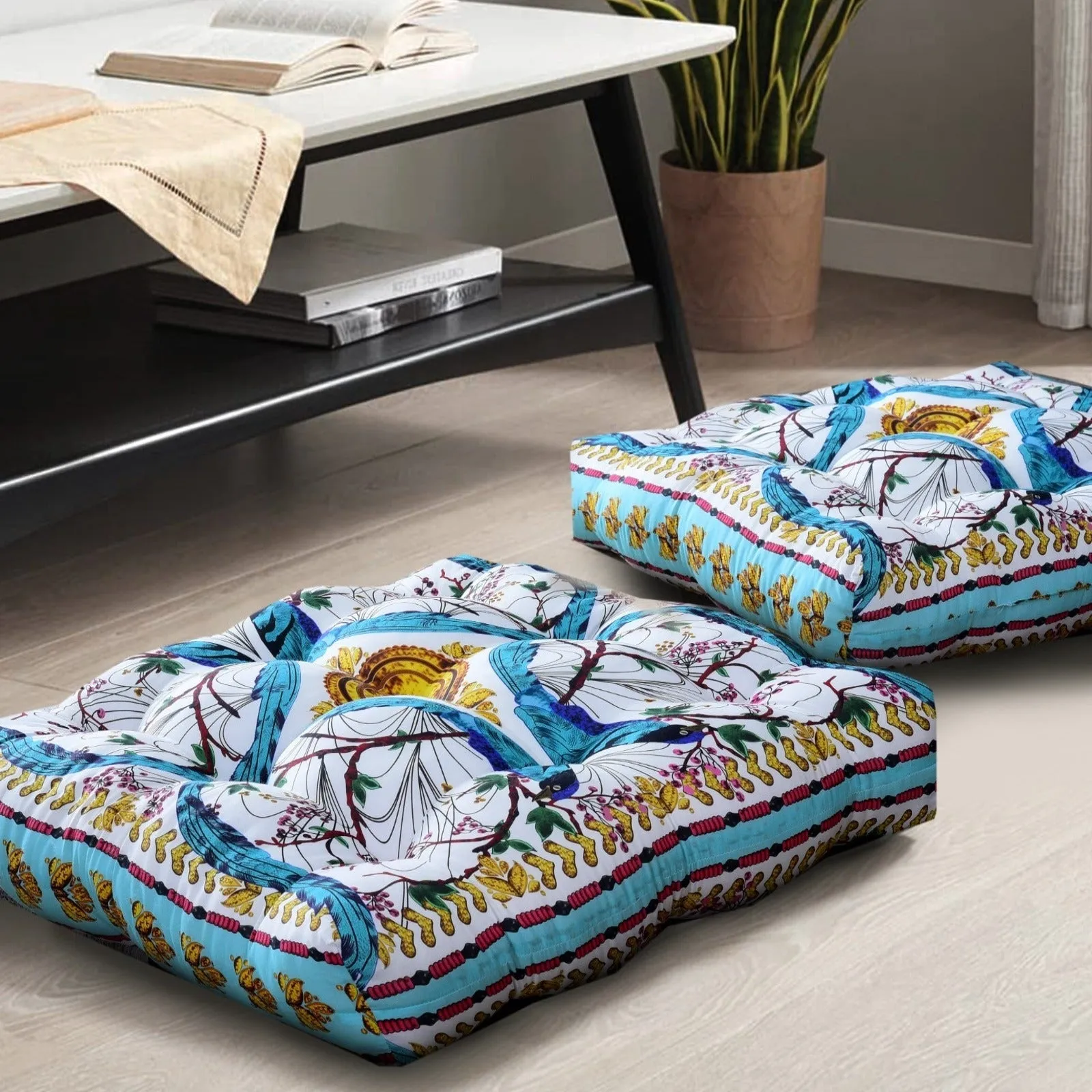 Digital Printed Square Floor Cushions- Blue Sparrow