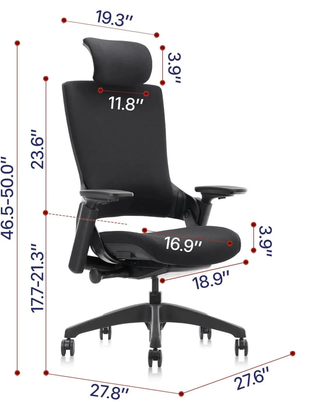 Ergonomic High Swivel Executive Chair with Adjustable Height Head 3D Arm Rest Lumbar Support, Black Fabric