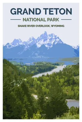 “Grand Teton National Park, Snake River Overlook” 12x18 High Quality Vintage Poster Art Print - Original Artwork