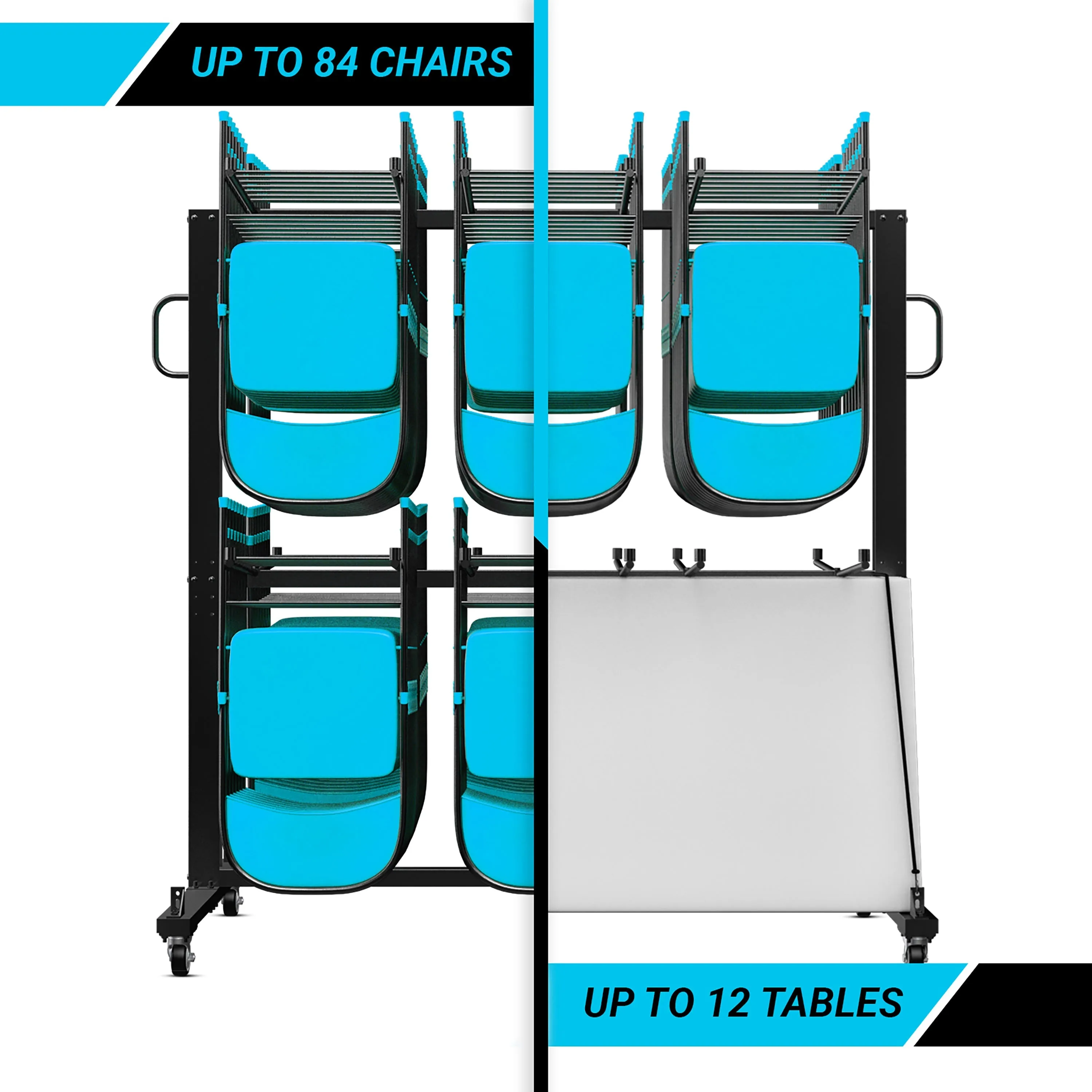 Hawkins Heavy Duty Folding Table and Chairs Mobile Cart-Locking Wheels, Outdoor Cover, 84 Folding Chairs or 42 Chairs and 12 Tables Capacity