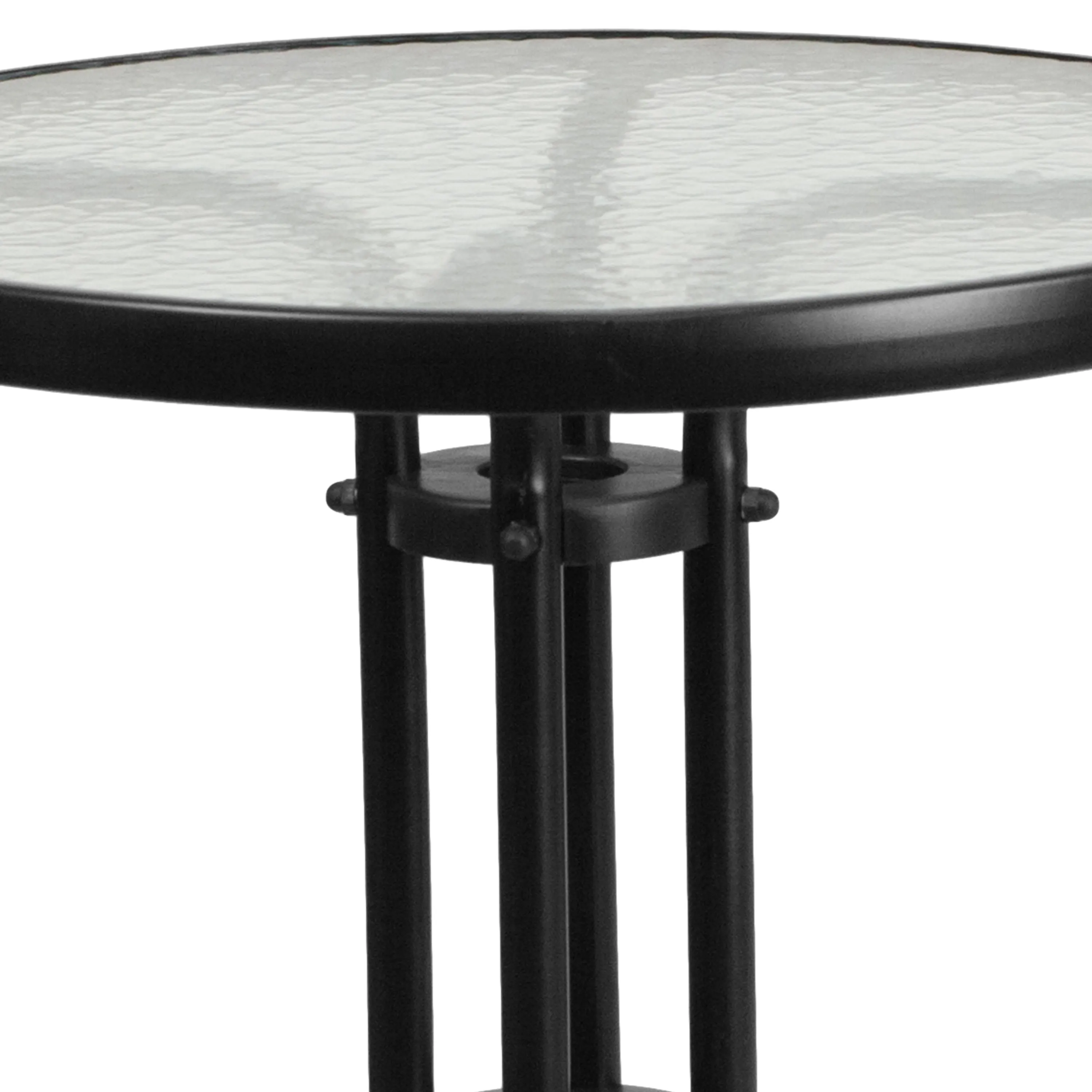 Lila 23.75'' Round Glass Metal Table with 2 Metal Aluminum Slat Stack Chairs