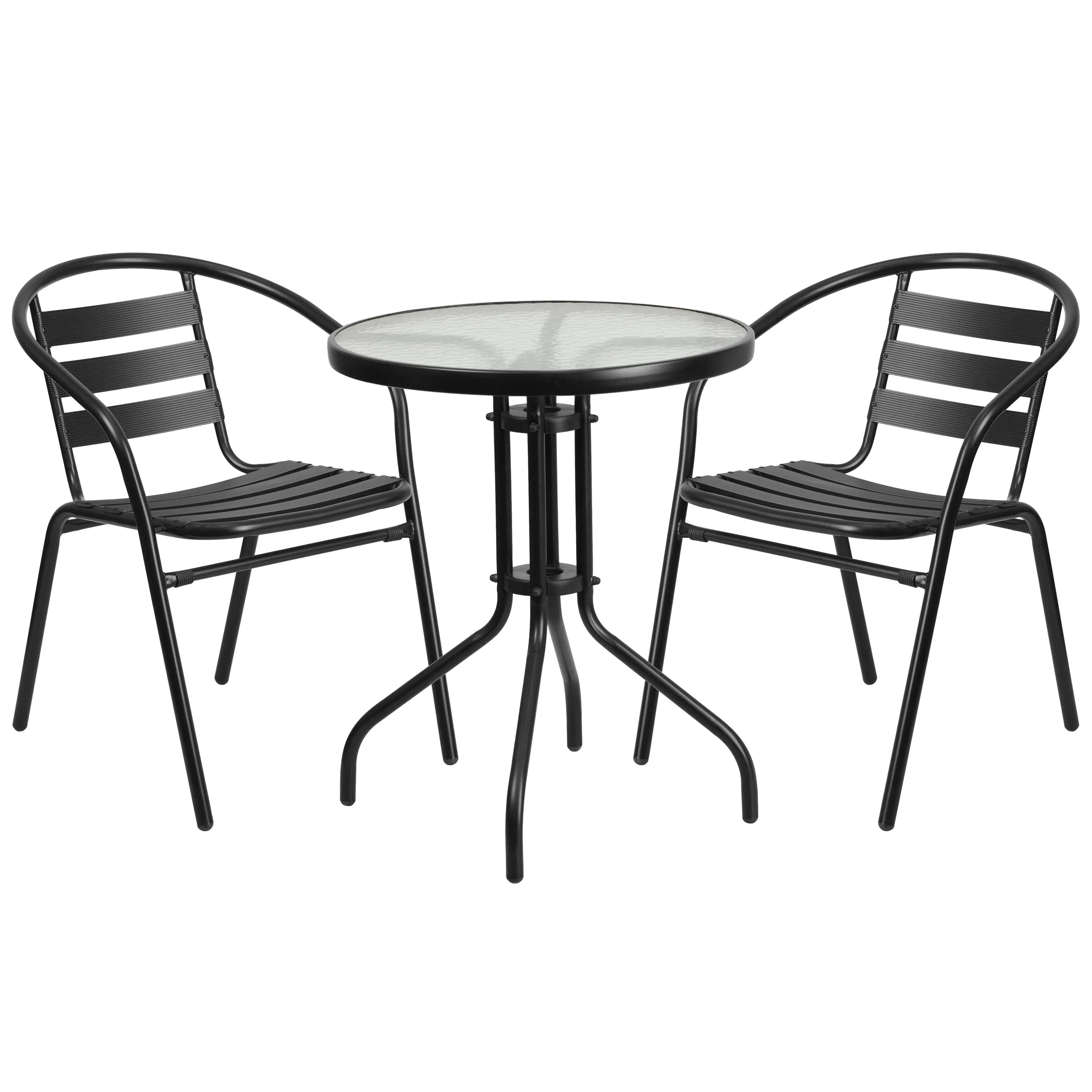 Lila 23.75'' Round Glass Metal Table with 2 Metal Aluminum Slat Stack Chairs