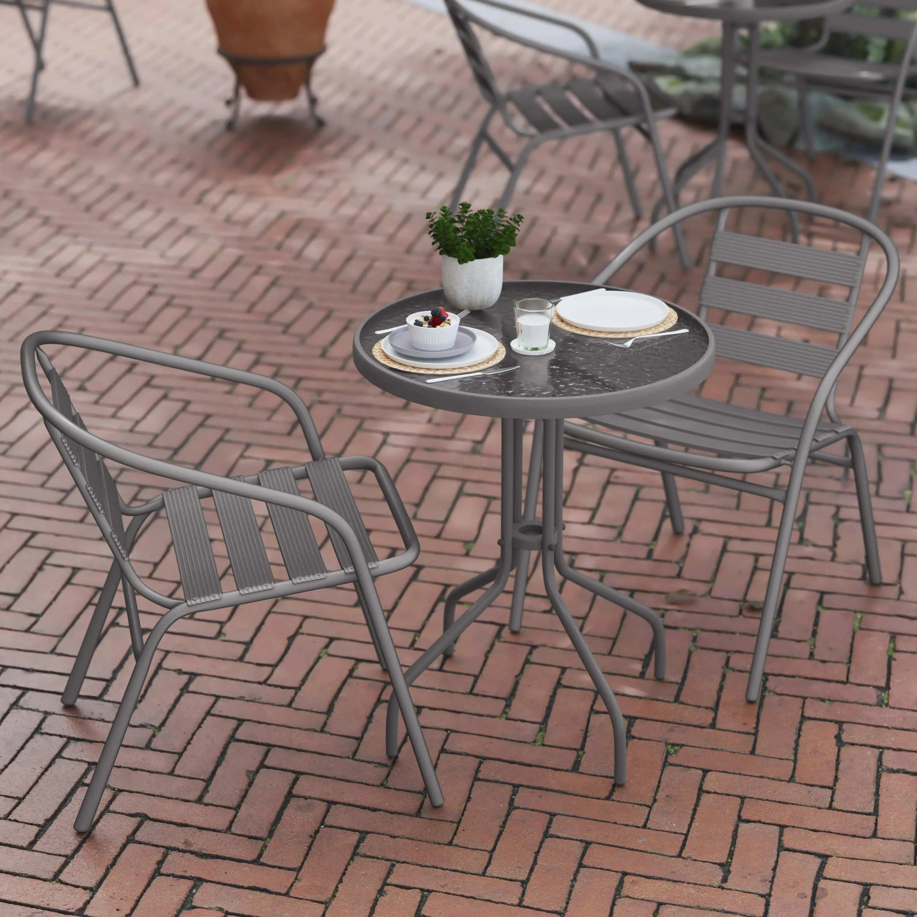 Lila 23.75'' Round Glass Metal Table with 2 Metal Aluminum Slat Stack Chairs