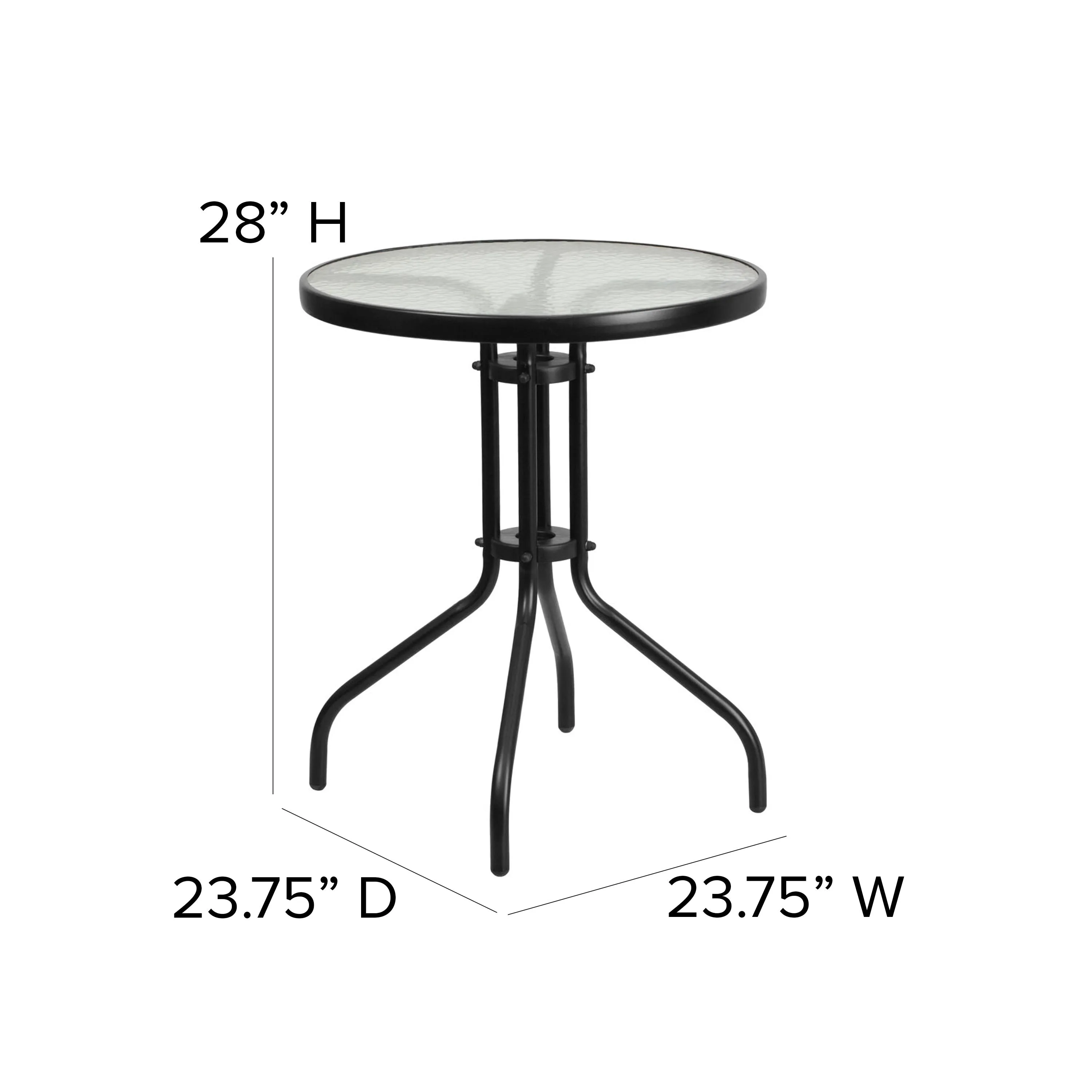 Lila 23.75'' Round Glass Metal Table with 2 Metal Aluminum Slat Stack Chairs