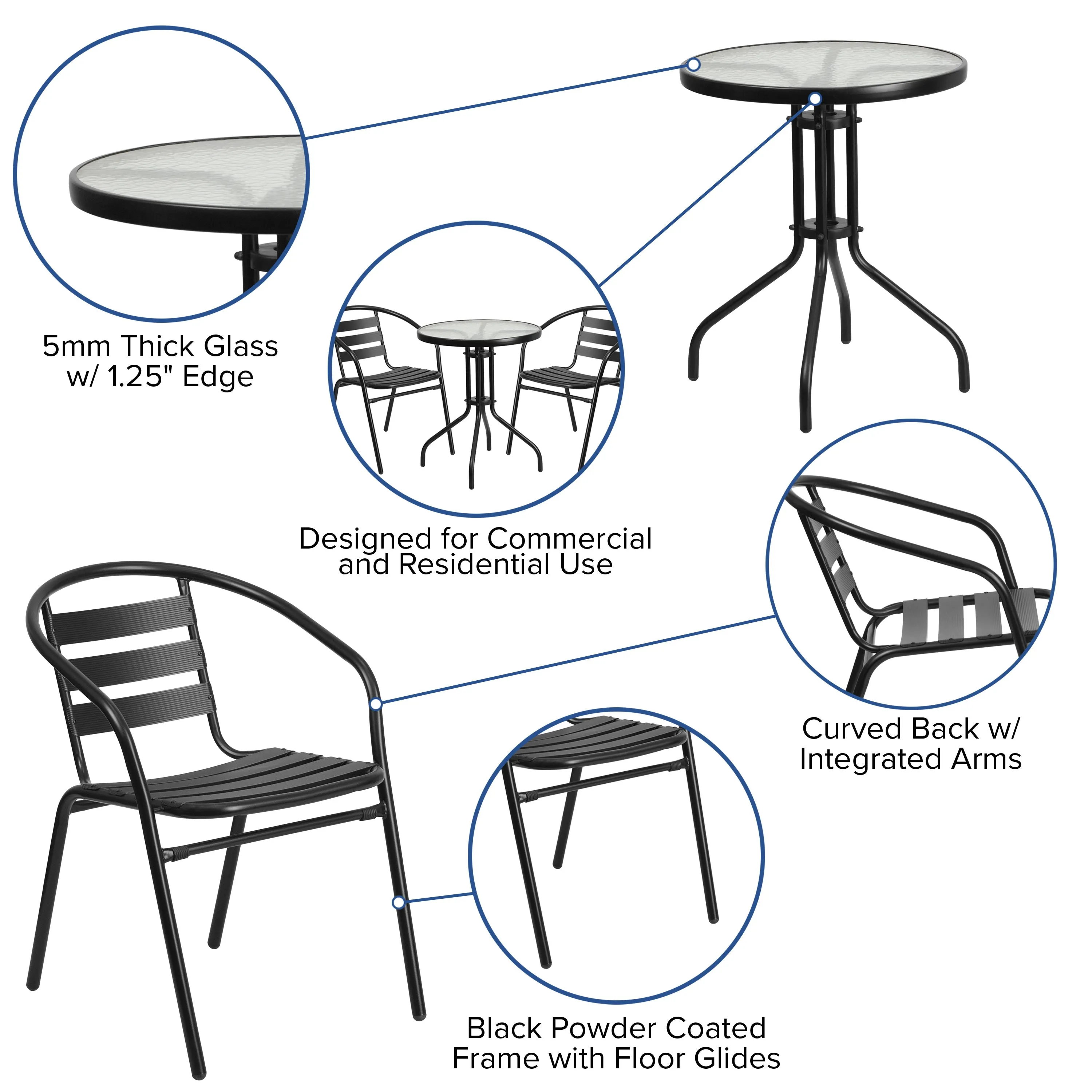 Lila 23.75'' Round Glass Metal Table with 2 Metal Aluminum Slat Stack Chairs