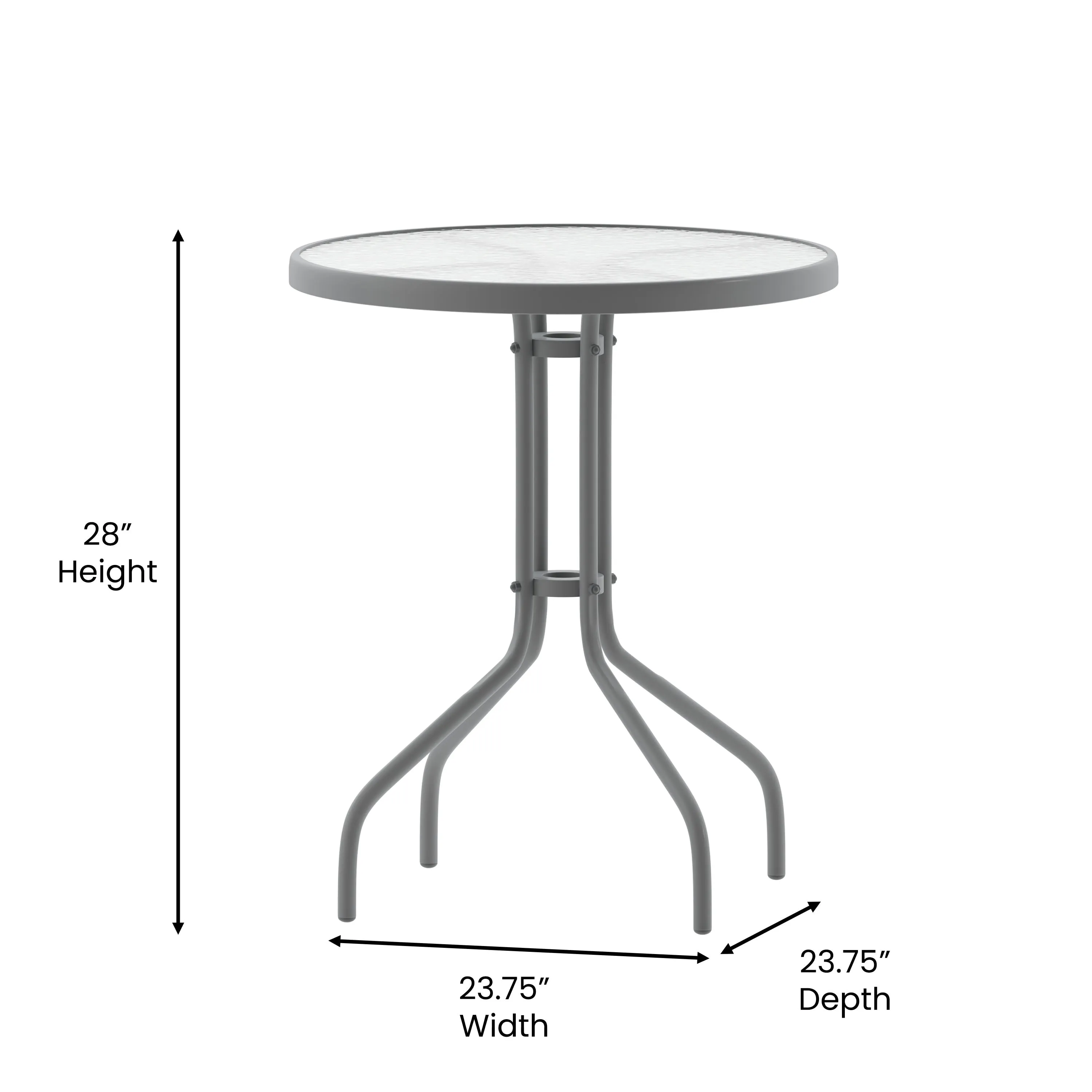 Lila 23.75'' Round Glass Metal Table with 2 Metal Aluminum Slat Stack Chairs