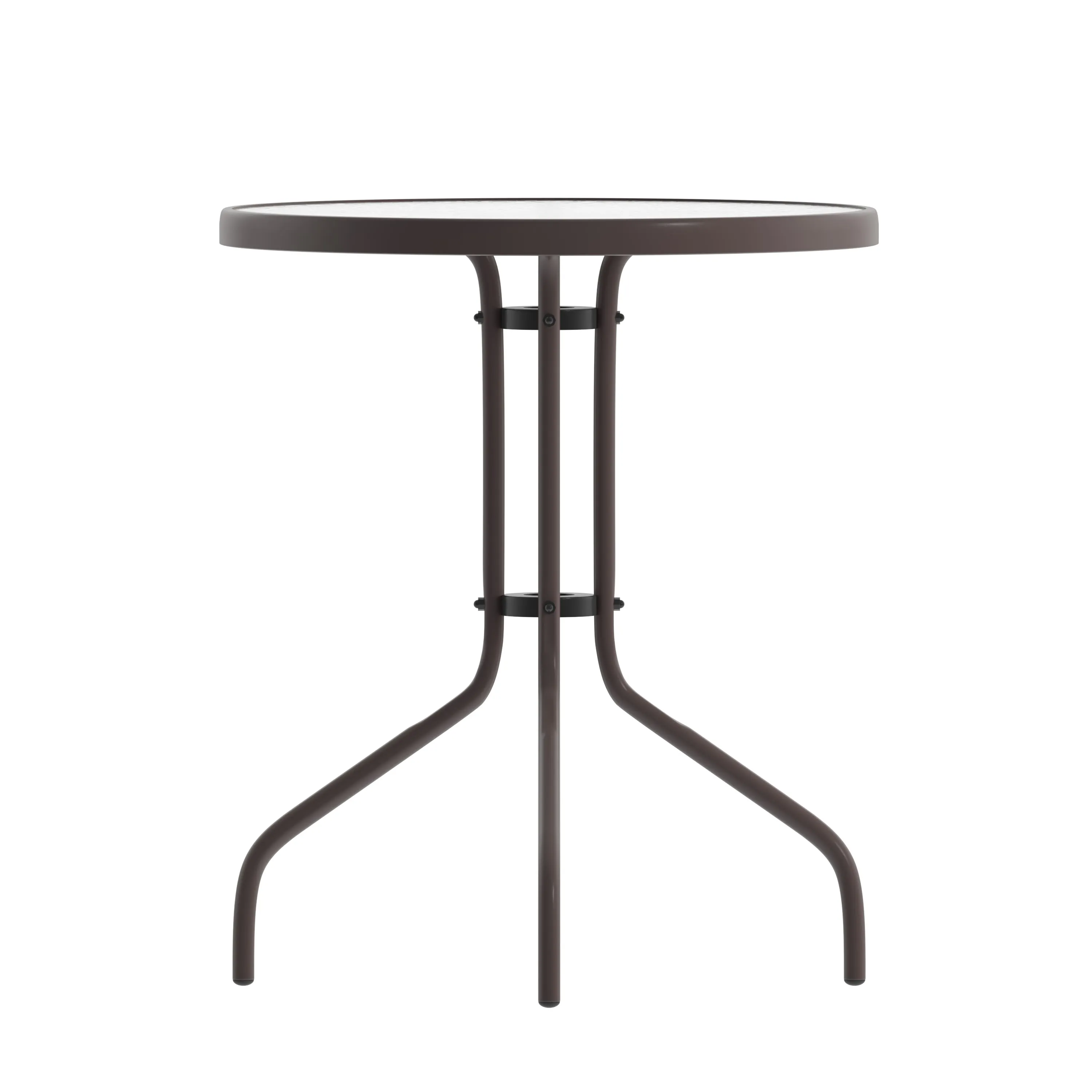 Lila 23.75'' Round Glass Metal Table with 2 Metal Aluminum Slat Stack Chairs