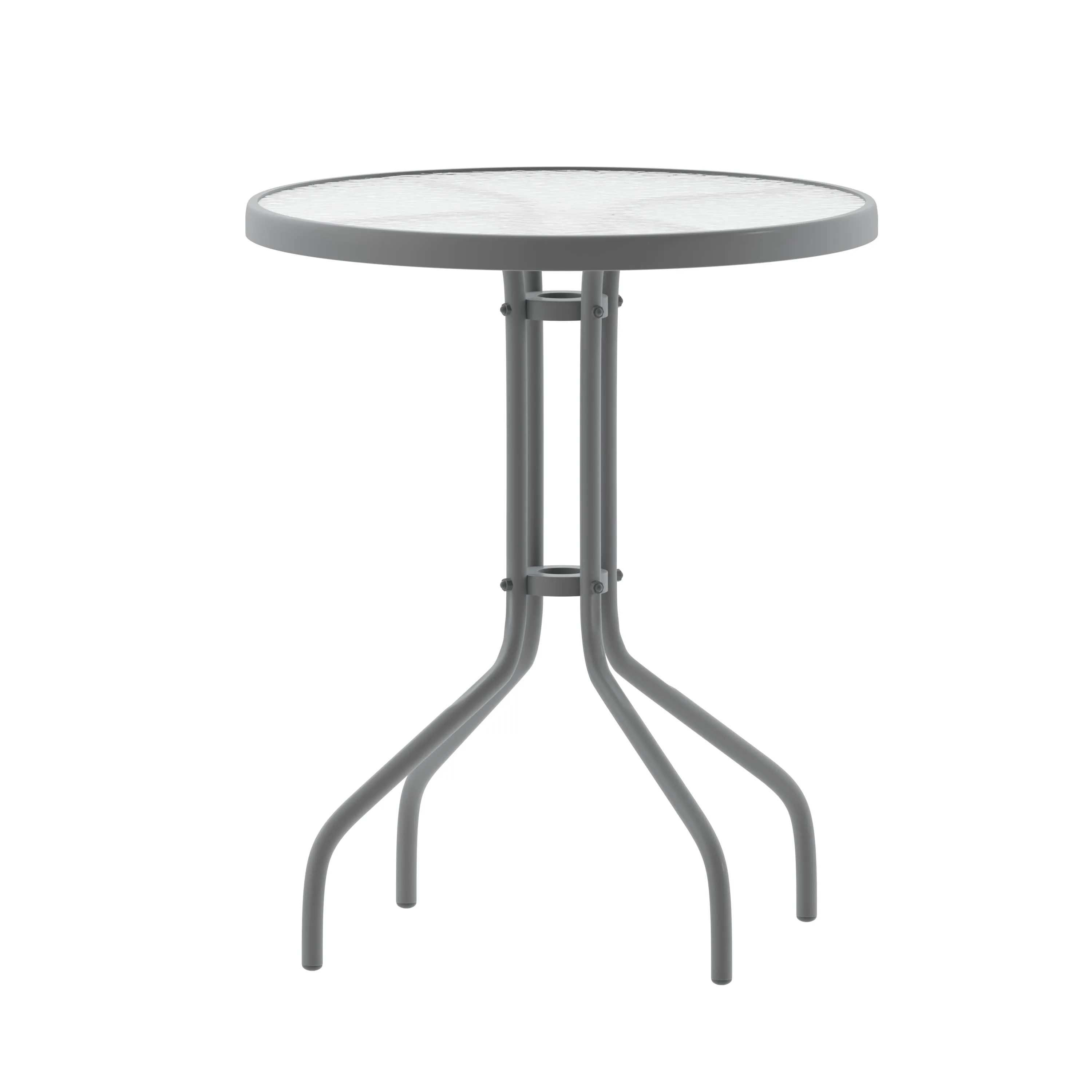 Lila 23.75'' Round Glass Metal Table with 2 Metal Aluminum Slat Stack Chairs