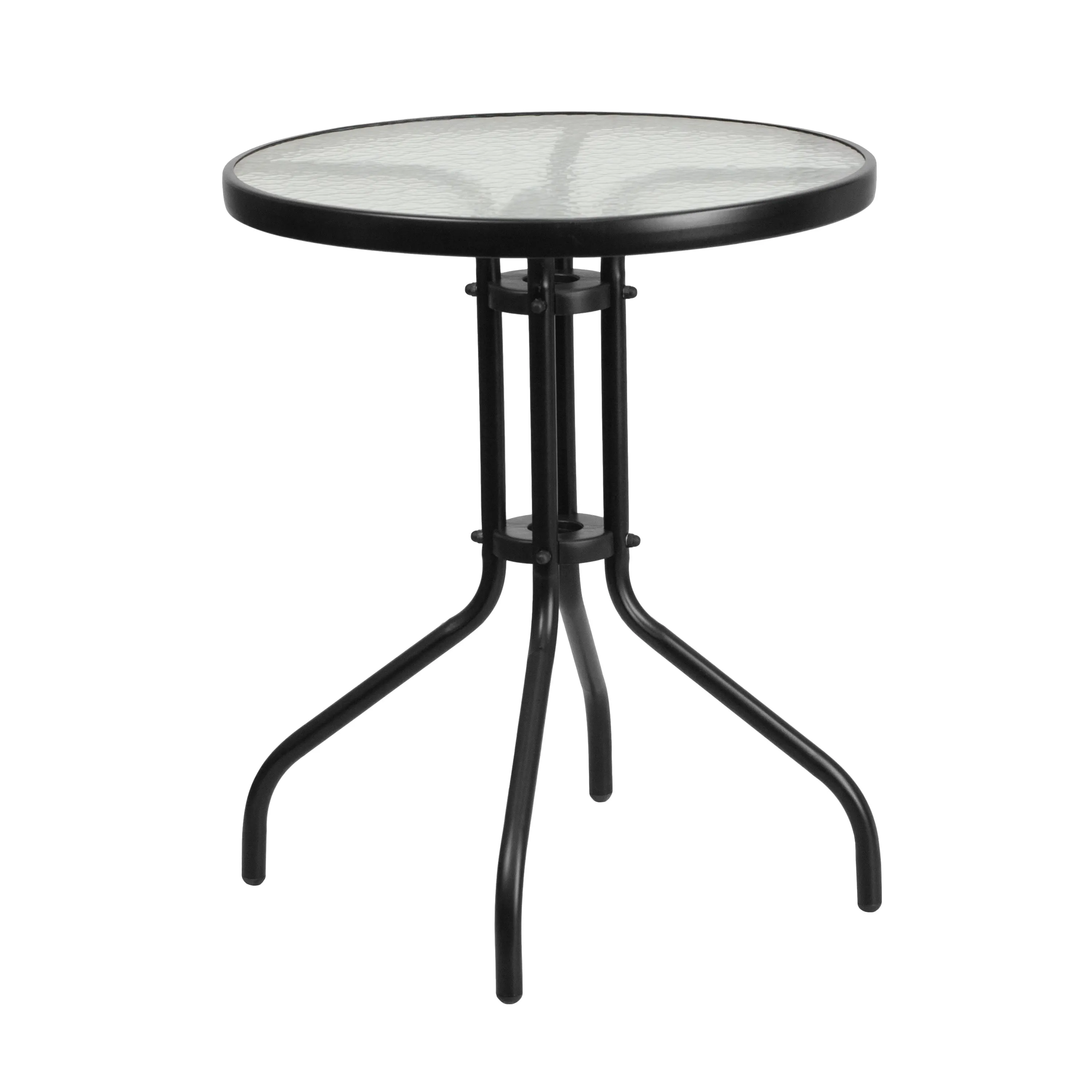 Lila 23.75'' Round Glass Metal Table with 2 Metal Aluminum Slat Stack Chairs