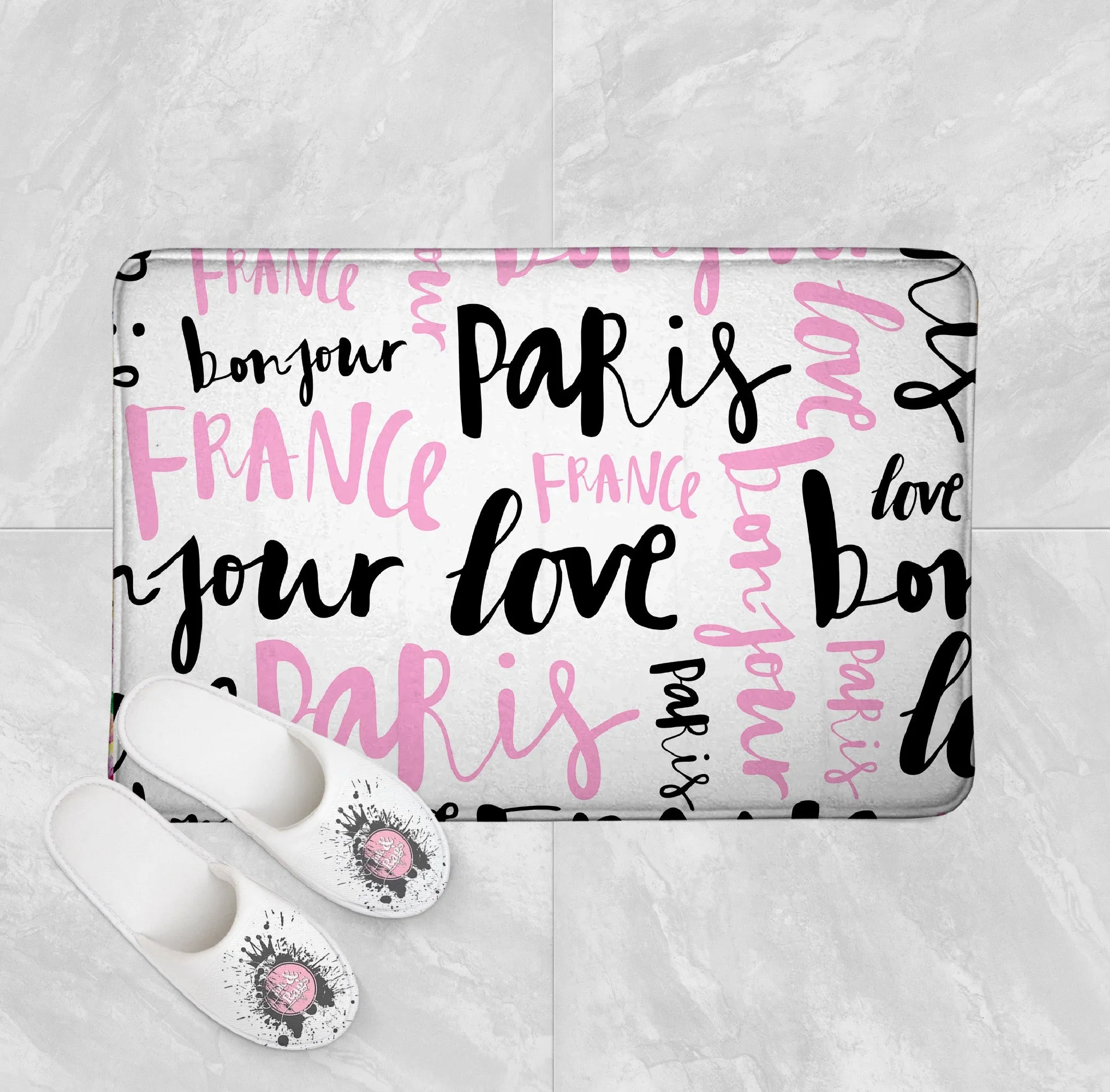 Love Paris Pink Black Type Set Shower Curtains and Optional Bath Mats