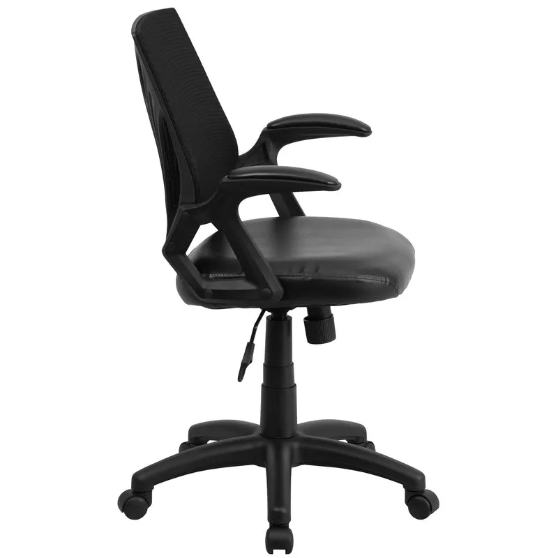 Mid-Back Designer Black Mesh Swivel Task Office Chair with LeatherSoft Seat and Open Arms