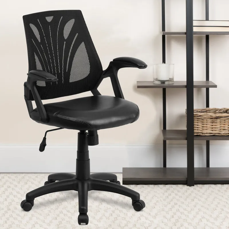 Mid-Back Designer Black Mesh Swivel Task Office Chair with LeatherSoft Seat and Open Arms