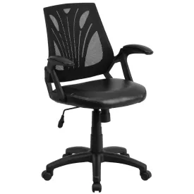 Mid-Back Designer Black Mesh Swivel Task Office Chair with LeatherSoft Seat and Open Arms