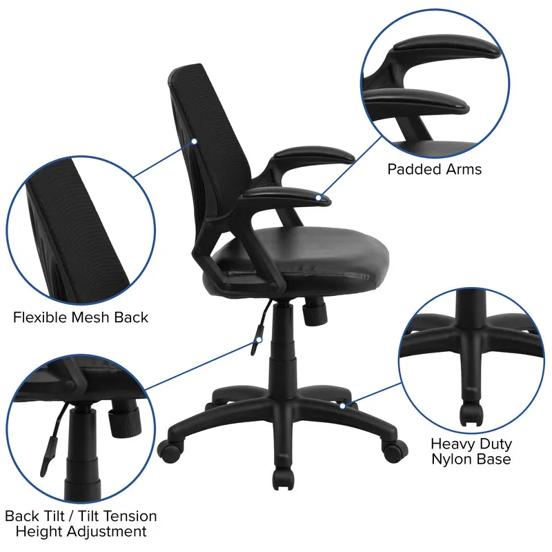 Mid-Back Designer Black Mesh Swivel Task Office Chair with LeatherSoft Seat and Open Arms