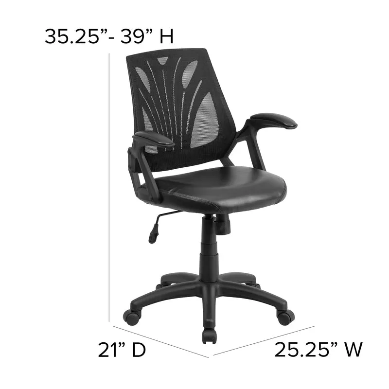 Mid-Back Designer Black Mesh Swivel Task Office Chair with LeatherSoft Seat and Open Arms