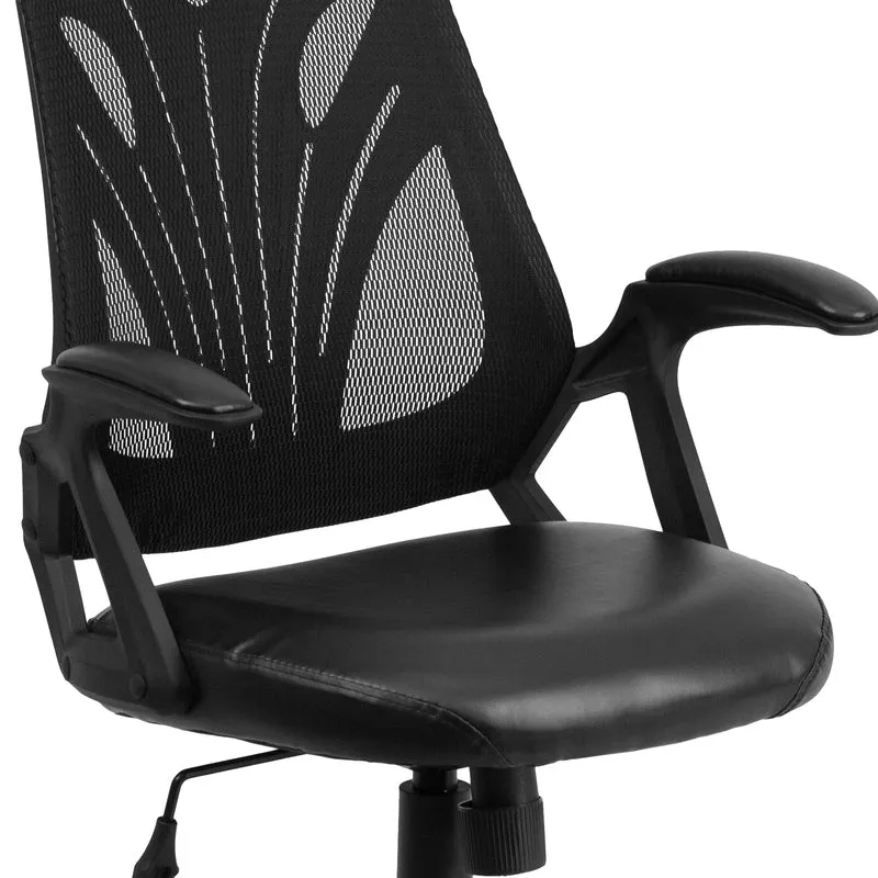 Mid-Back Designer Black Mesh Swivel Task Office Chair with LeatherSoft Seat and Open Arms