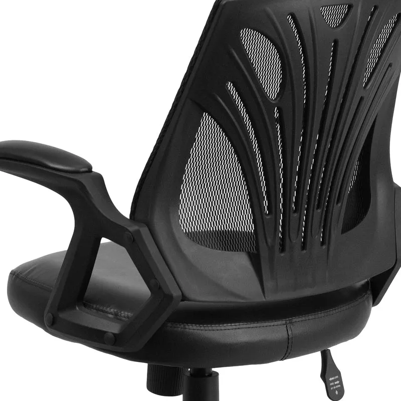 Mid-Back Designer Black Mesh Swivel Task Office Chair with LeatherSoft Seat and Open Arms