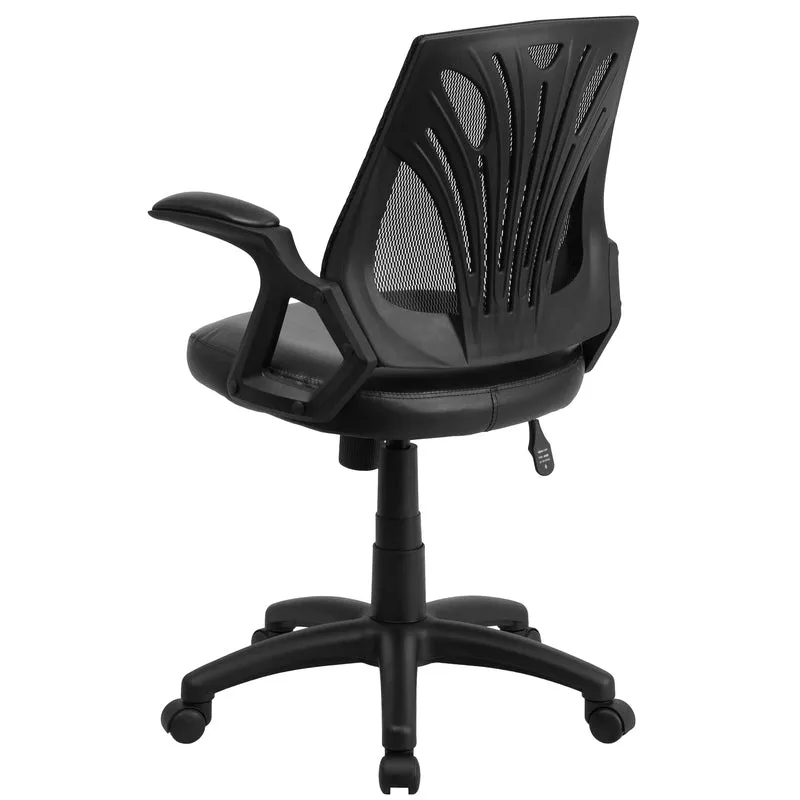 Mid-Back Designer Black Mesh Swivel Task Office Chair with LeatherSoft Seat and Open Arms