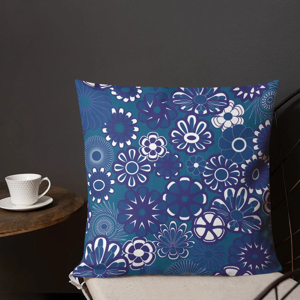 Navy floral on blue Premium Pillow