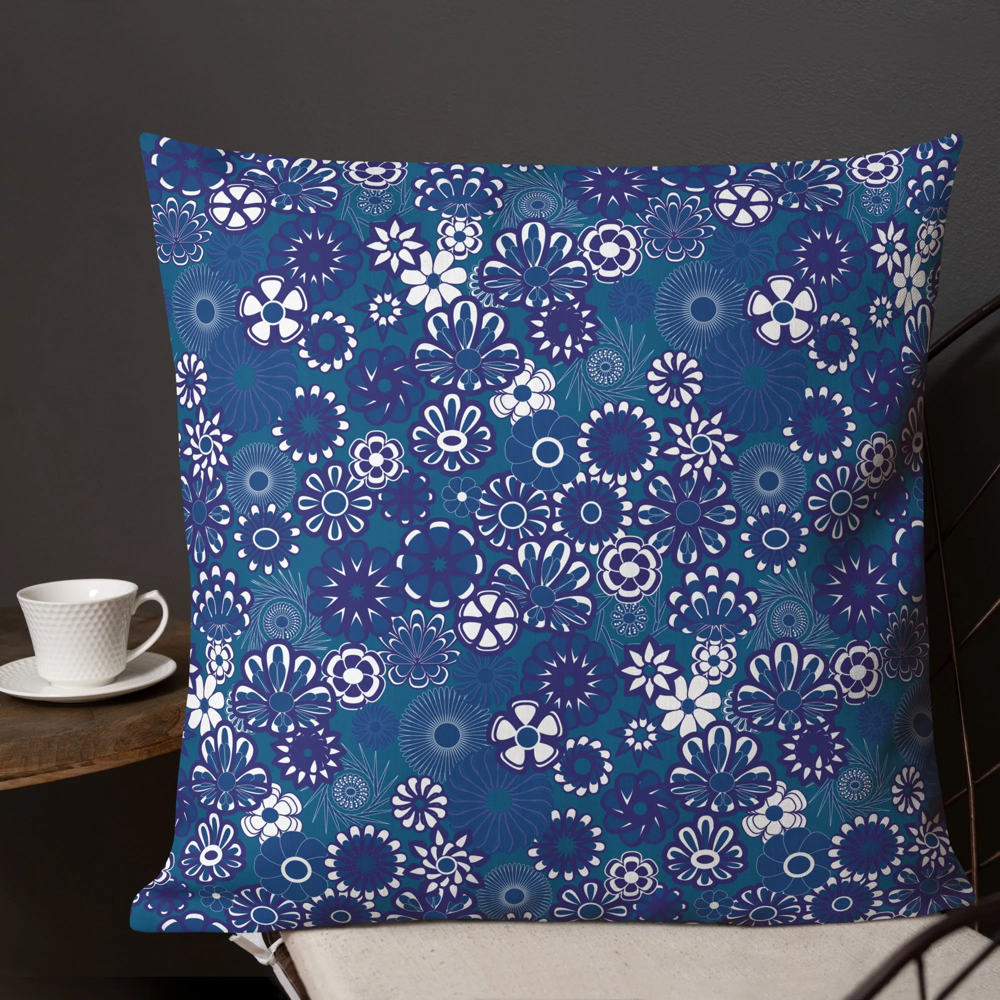 Navy floral on blue Premium Pillow