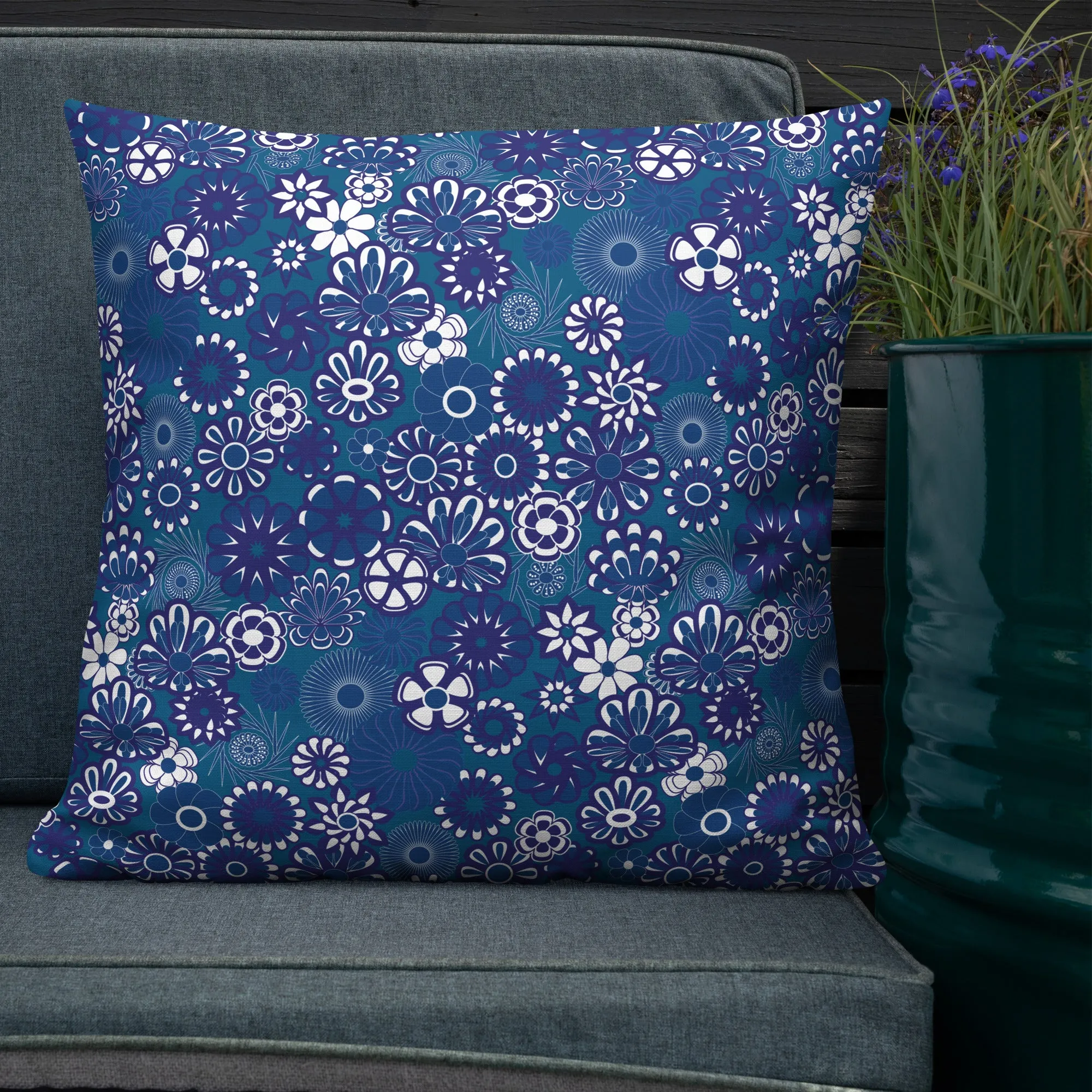 Navy floral on blue Premium Pillow