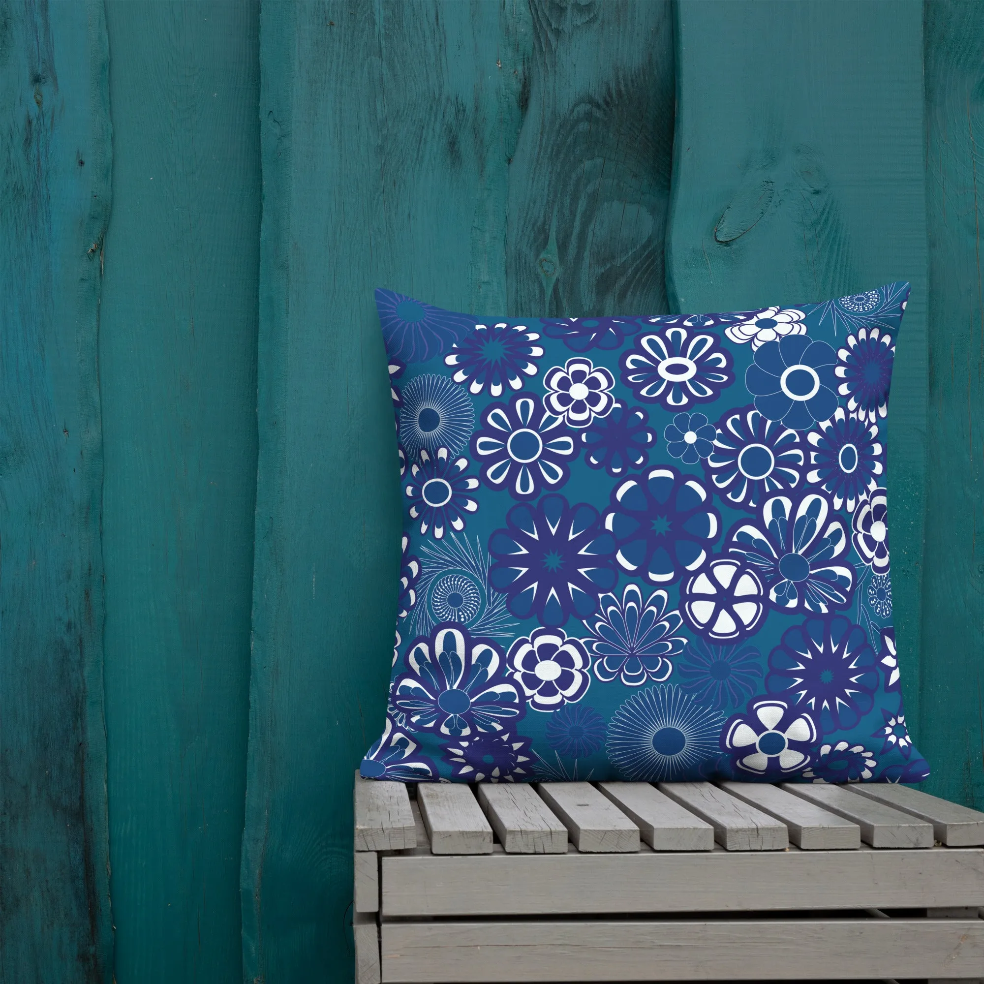 Navy floral on blue Premium Pillow